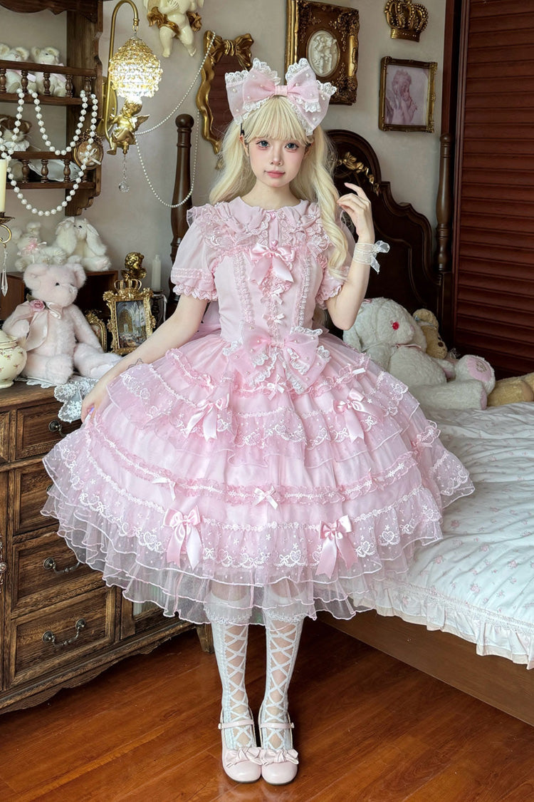 Pink Multi-Tier Ruffle Bridal Bow Lace Sweet Lolita Jumper - Lotus Butterfly Heart