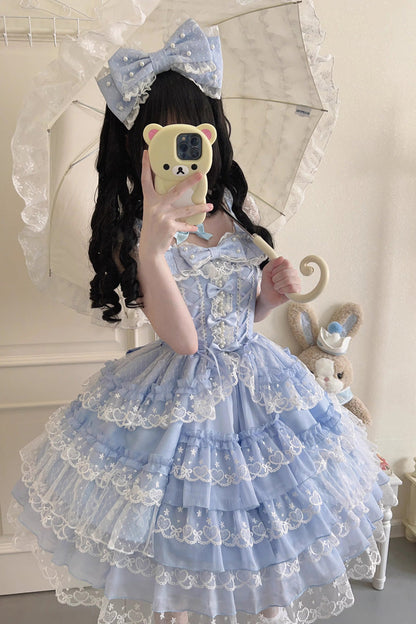 Azure Layered Ruffled Bow Lace Sweet Lolita JSK
