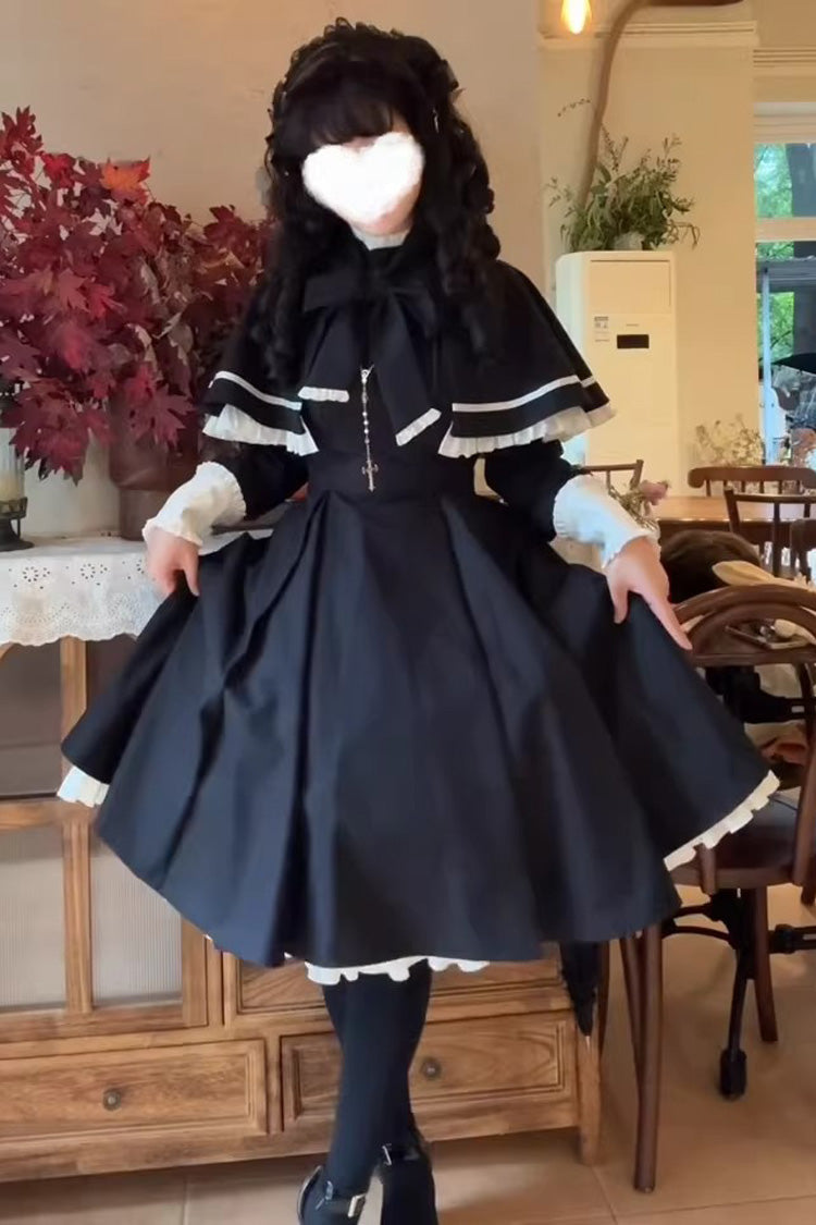 Black Long Sleeve Ruffle Bow Maid Gothic Lolita Dress Cloak Two Piece Set