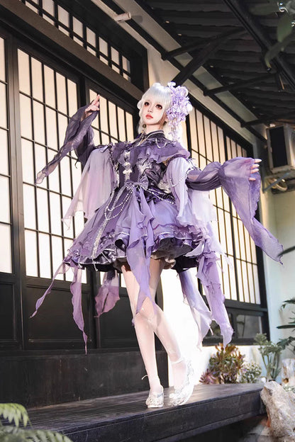 Embroidered Pearl Gothic Jumper Dress Set - Purple