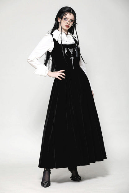 Gothic Women's Velvet Maxi Dress with Embroidered Horns and Lace-Up Back