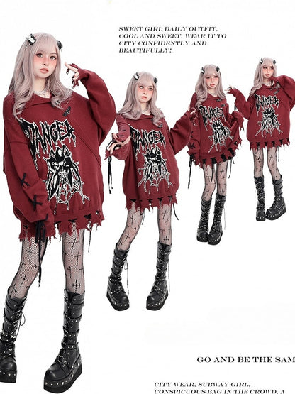 Y2K Dark Red Spider Pattern Distress Trim Loose Sweater Lace-up Detail Sleeves