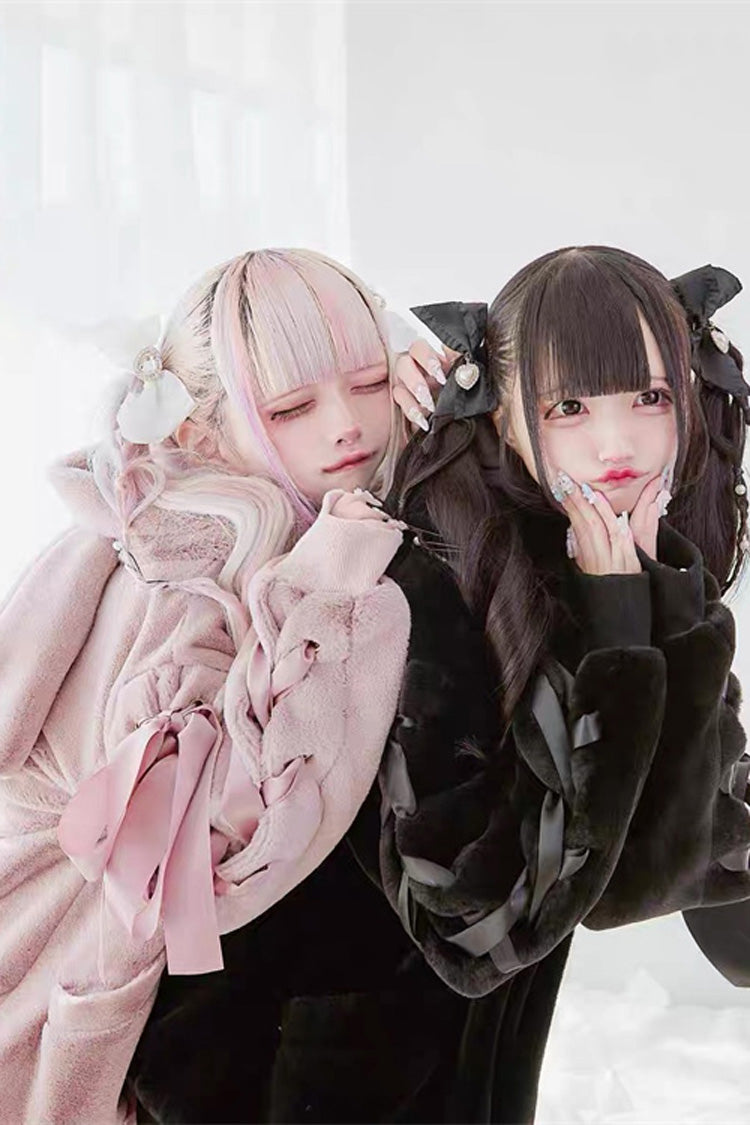 Pink Rabbit Ear Bow Lace-Up Hooded Coat