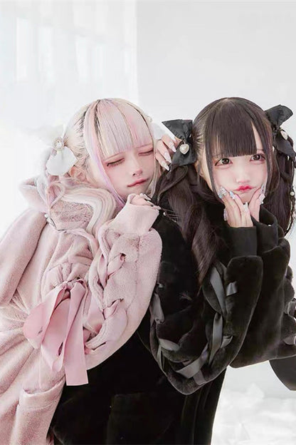 Pink Rabbit Ear Bow Lace-Up Hooded Coat