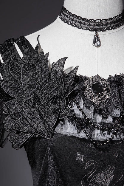 Ruffled Embroidery Gothic JSK Dress with Bow and Lace - Star Swan Dream