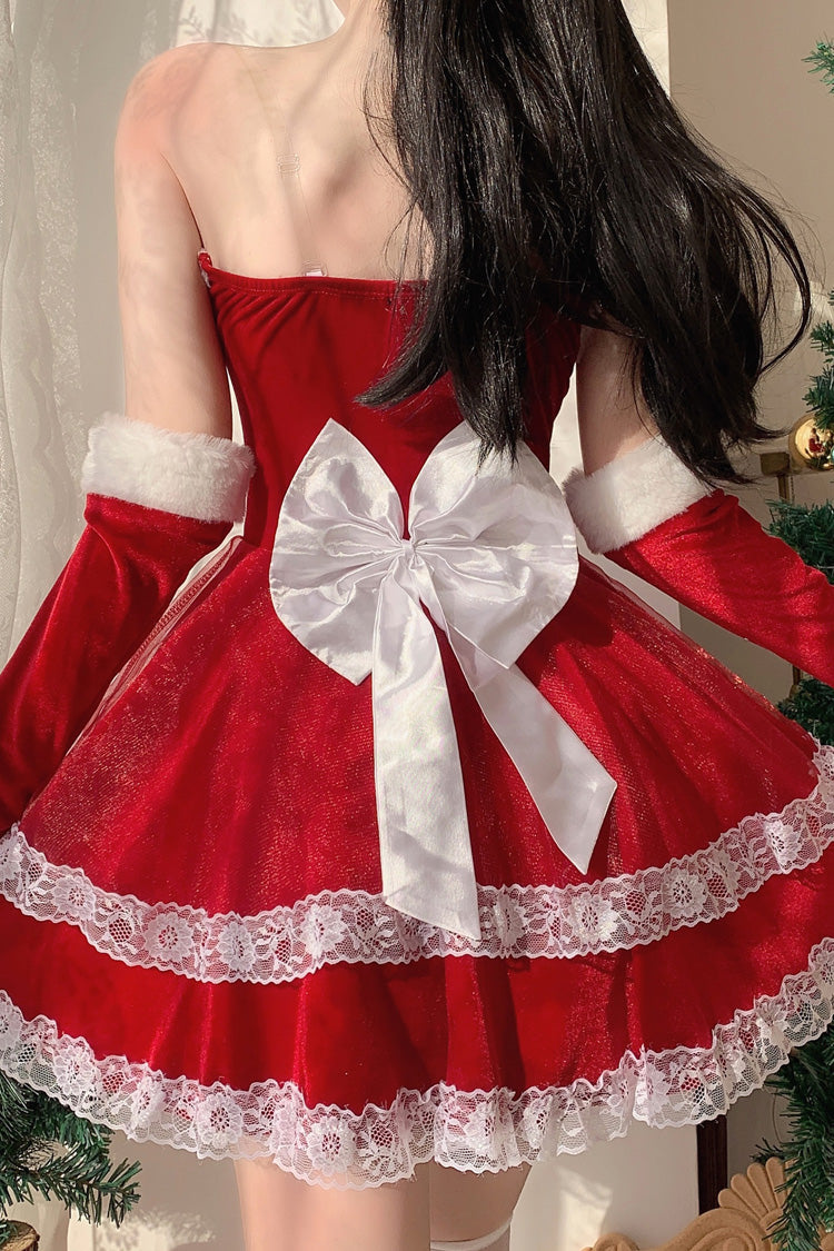 Japanese New Year Double-Layered Lace Bowknot Strapless Lolita Dress
