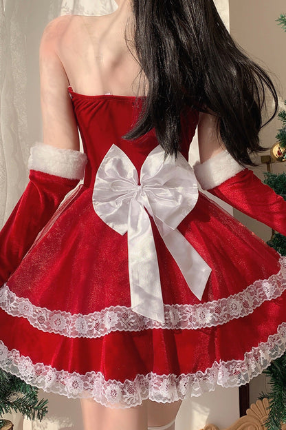 Japanese New Year Double-Layered Lace Bowknot Strapless Lolita Dress