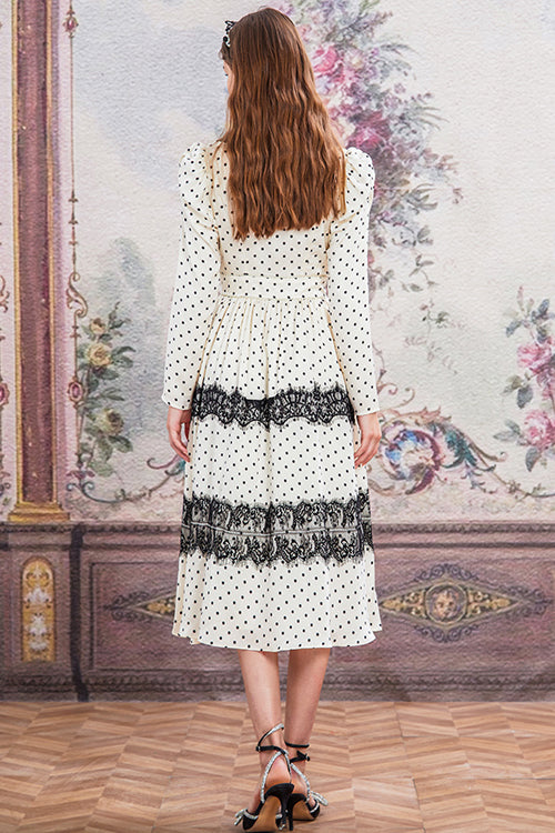 Doll-Collar Vintage Lace Patchwork Polka Dot Print Long-Sleeved High-Waisted Sweet Lolita OP Dress in Beige and Black