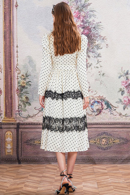 Doll-Collar Vintage Lace Patchwork Polka Dot Print Long-Sleeved High-Waisted Sweet Lolita OP Dress in Beige and Black