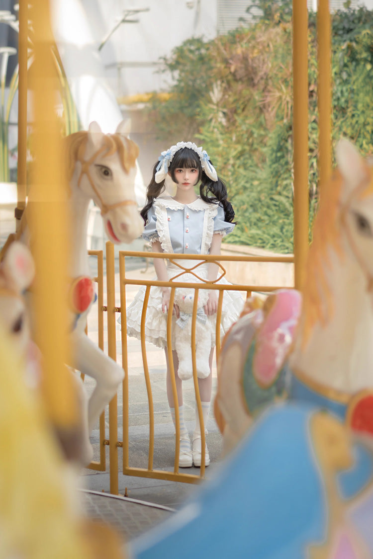 White and Blue Doll-Collar Short-Sleeved Multi-Layer Ruffled Sweet Princess Lolita Skirt Set