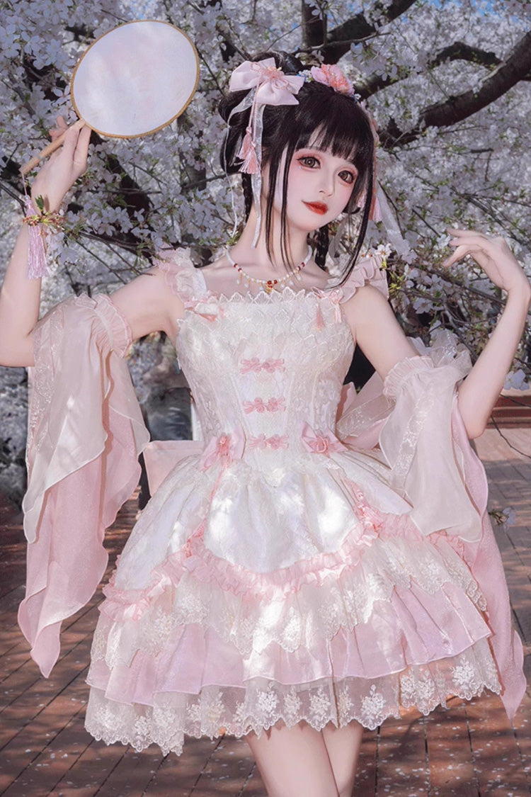 Pink Floral Ruffle Embroidered Bow Chinese Elegant Lolita Jumper - Lyrics in the Midst of Flowers