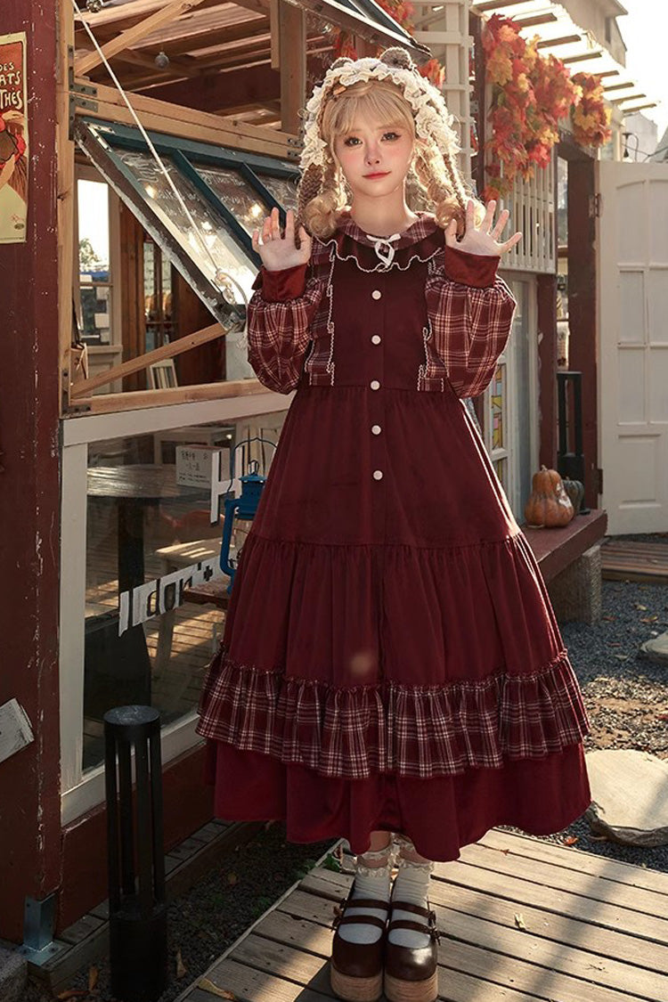 Velvet Plaid Print Bowknot Christmas Sweet Lolita Dress in Red