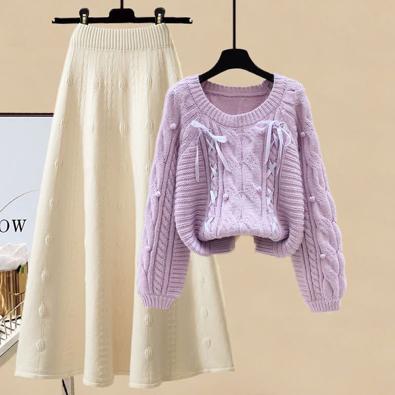 Pills Decor Cable Knit Sweater Skirt Set