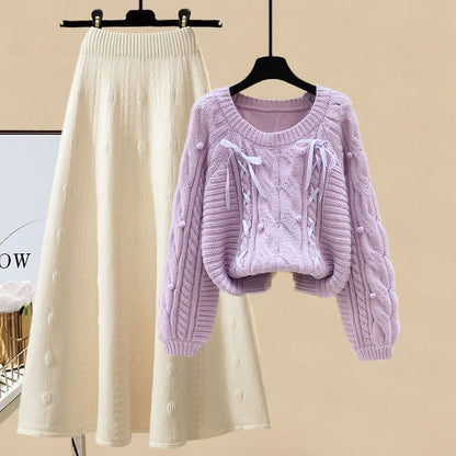 Set Skirt Cable Sweater Pills Decor Knit