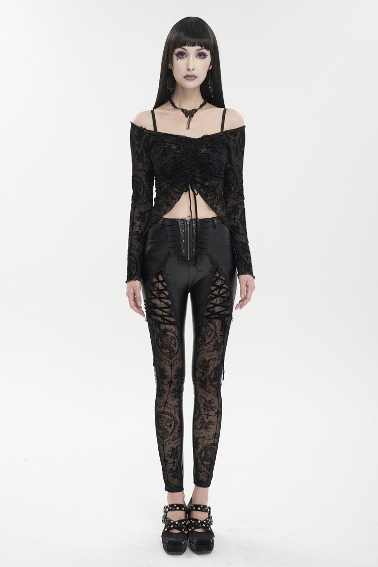 Gothic Women's Slim Leggings with Adjustable Lace Strings and Flocked Stretch