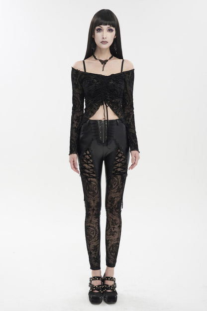 Gothic Women's Slim Leggings with Adjustable Lace Strings and Flocked Stretch