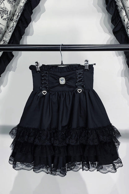 Triple-Layer Printed Ruffled Bow Lace Skirt Three Colors