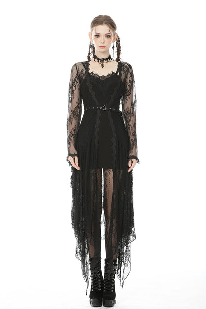 Maxi Cloak with Floral Lace and Belted Waist - Dark