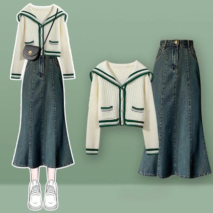 Two Sailor Slip Sweater Dress Denim Skirt Pieces Cable Collar