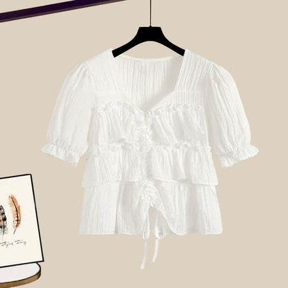 Split Pantskirt Sqaure Puff T-Shirt Collar