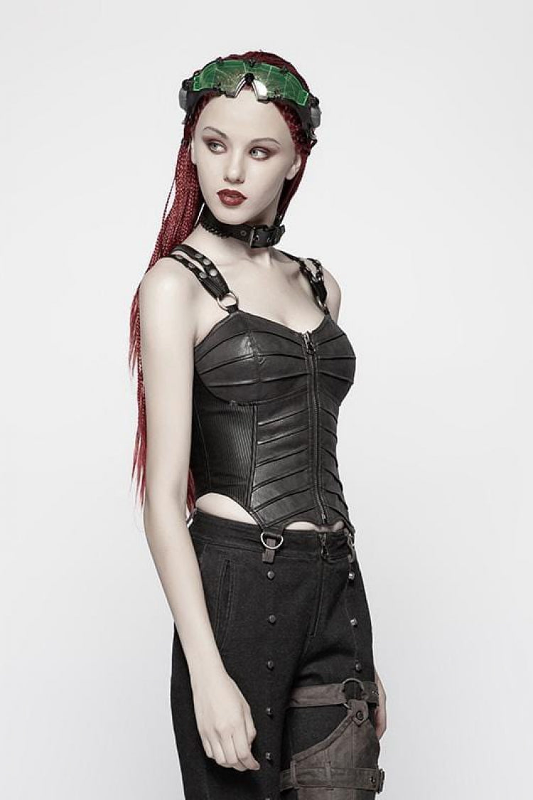 Steampunk Women's Short Corset with Faux Leather Strap Back Print and Lace-Up