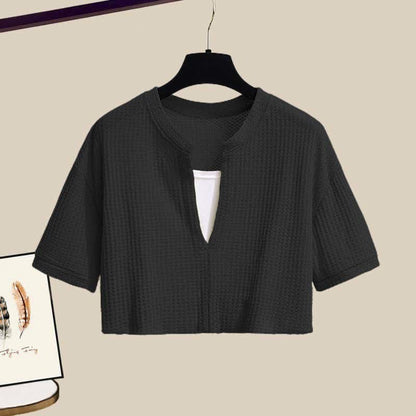 Pieces Set Casual Crop Top Fake Pants Two T-Shirt