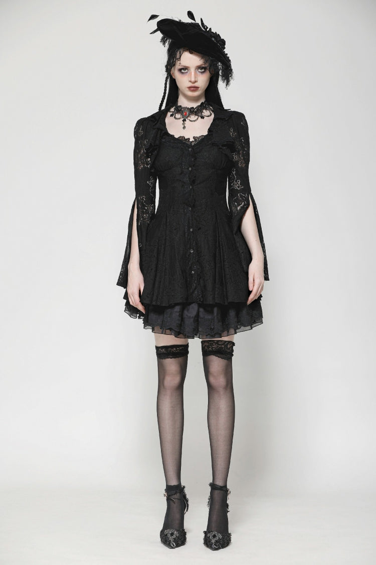 Ebony Embroidered Lace Trumpet Sleeve Corset Dress - Gothic Honeymoon Gown