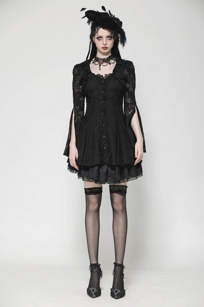 Ebony Embroidered Lace Trumpet Sleeve Corset Dress - Gothic Honeymoon Gown