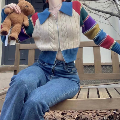 Stripe Set Sweater Colorblock Cardigan Pants