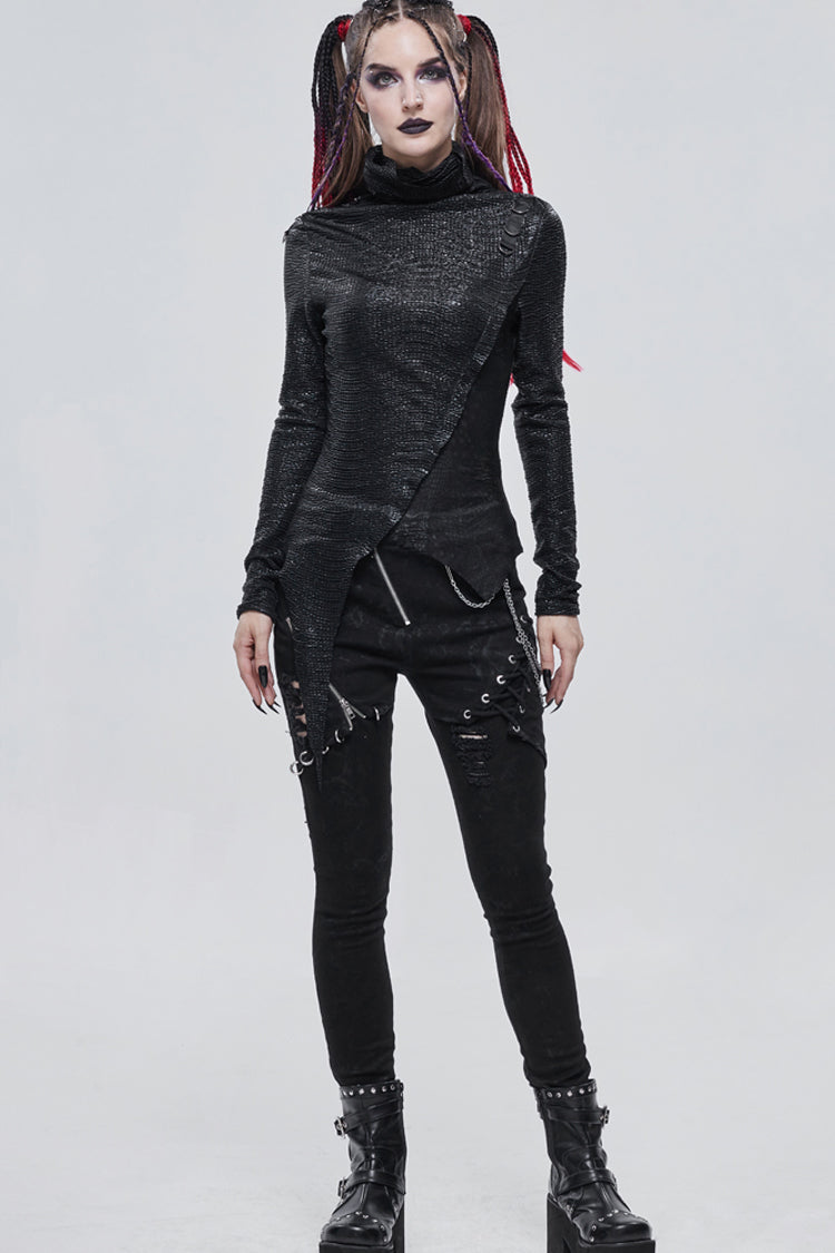 Dark High Neck Compressed Stretch Pleated Hem Blouse