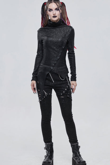 Dark High Neck Compressed Stretch Pleated Hem Blouse