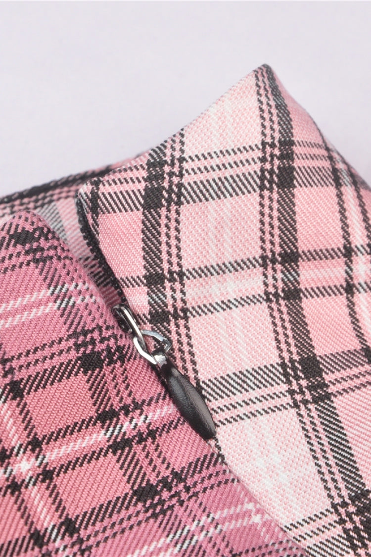 Pink Heart Plaid Double-Layer Ruffled Mini Skirt with Lace Hem
