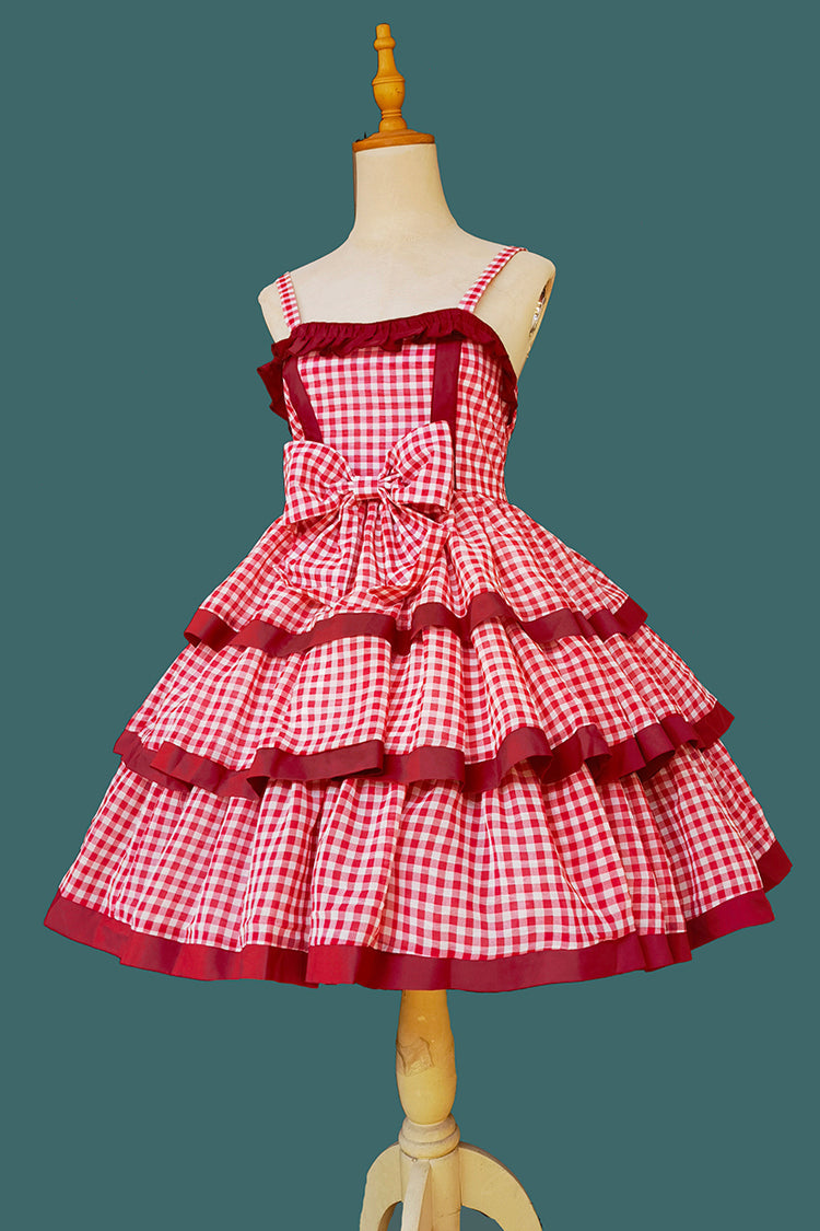 Scarlet Plaid Ruffle Bowknot Sweet Lolita Gown with Layered Design