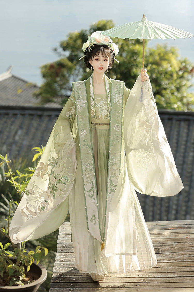 Emerald Song Dynasty Ruffled Hanfu Full Set - Silent Spring
