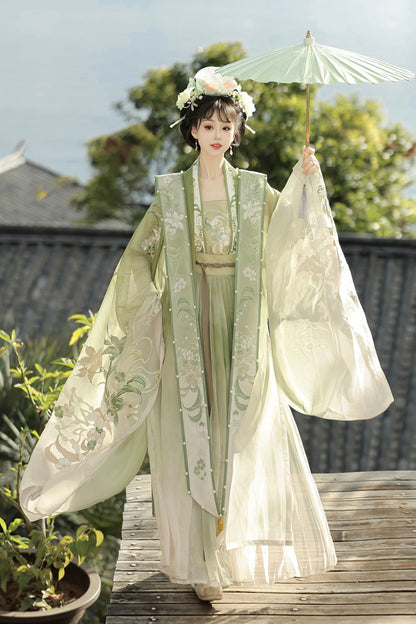 Emerald Song Dynasty Ruffled Hanfu Full Set - Silent Spring