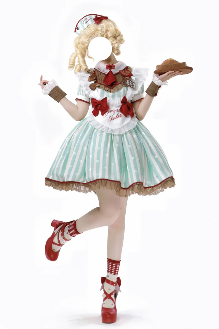 Emerald Jenny's Chocolate Short Sleeves Vertical Stripes Print Ruffle Bow Sweet Lolita Dress