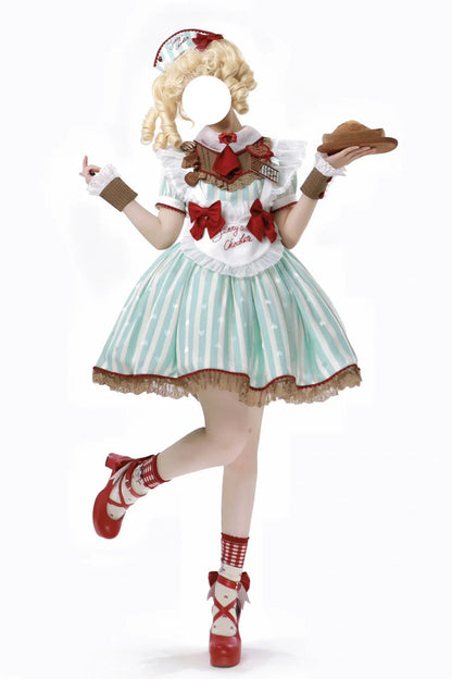 Emerald Jenny's Chocolate Short Sleeves Vertical Stripes Print Ruffle Bow Sweet Lolita Dress