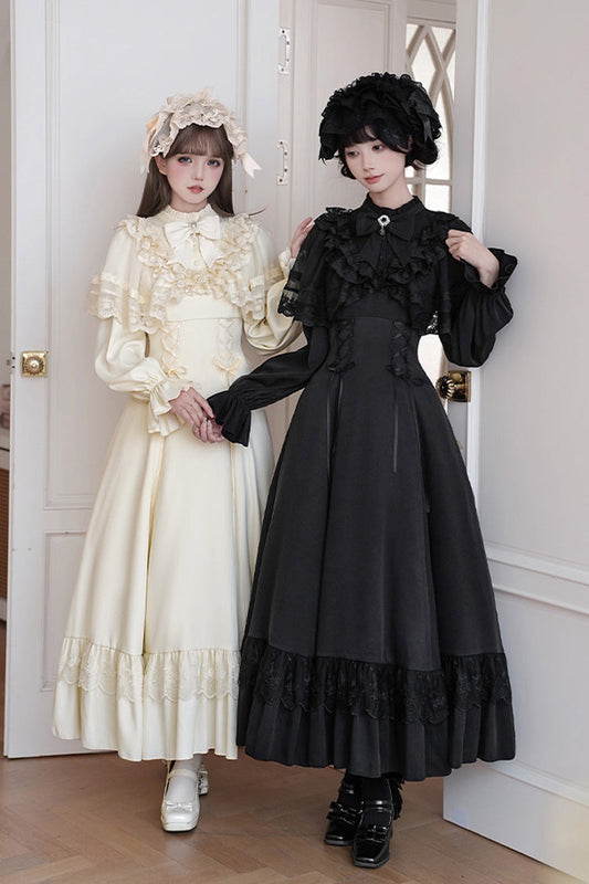 Stand Collar Gothic Dress with Long Sleeves and Lace-Up Ruffled Bow - Letters & Poems · Day and Night