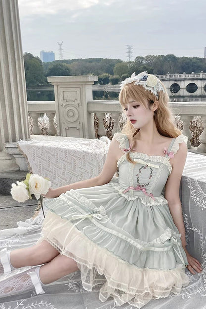 Green Floating Light Dance Multi-layer Ruffle Embroidery Bowknot Lace Sweet Lolita Jsk Dress