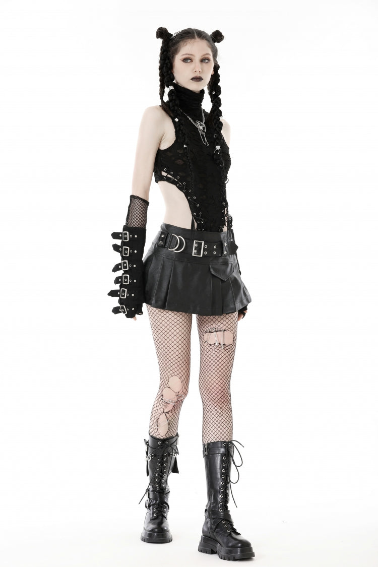 Pleated Punk Mini Skirt with Metal Belt Buckle in Black Faux Leather