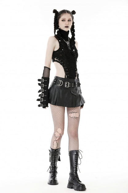 Pleated Punk Mini Skirt with Metal Belt Buckle in Black Faux Leather