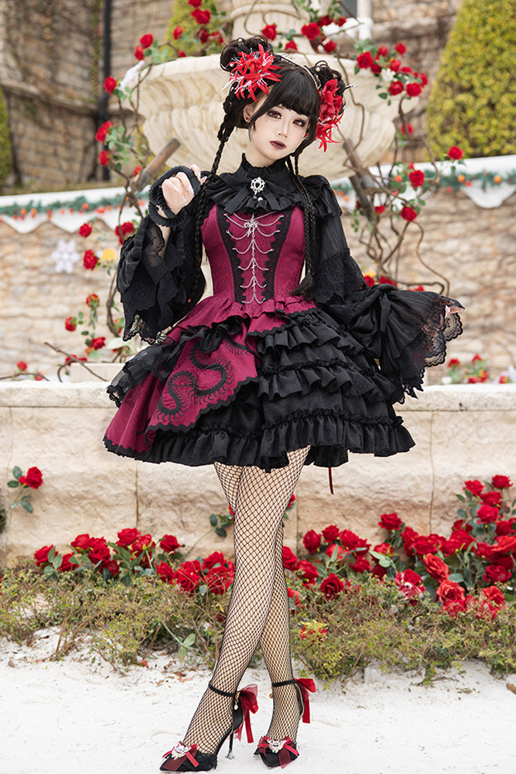 Multi-Layered Asymmetric Gothic JSK Dress with Lace and Bow