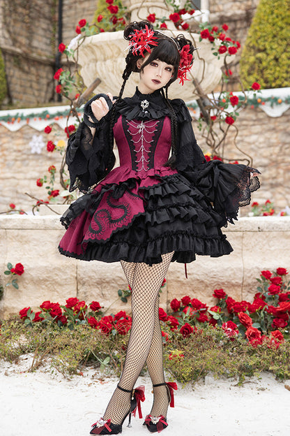 Multi-Layered Asymmetric Gothic JSK Dress with Lace and Bow