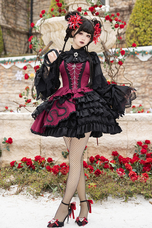 Multi-Layered Asymmetric Gothic JSK Dress with Lace and Bow