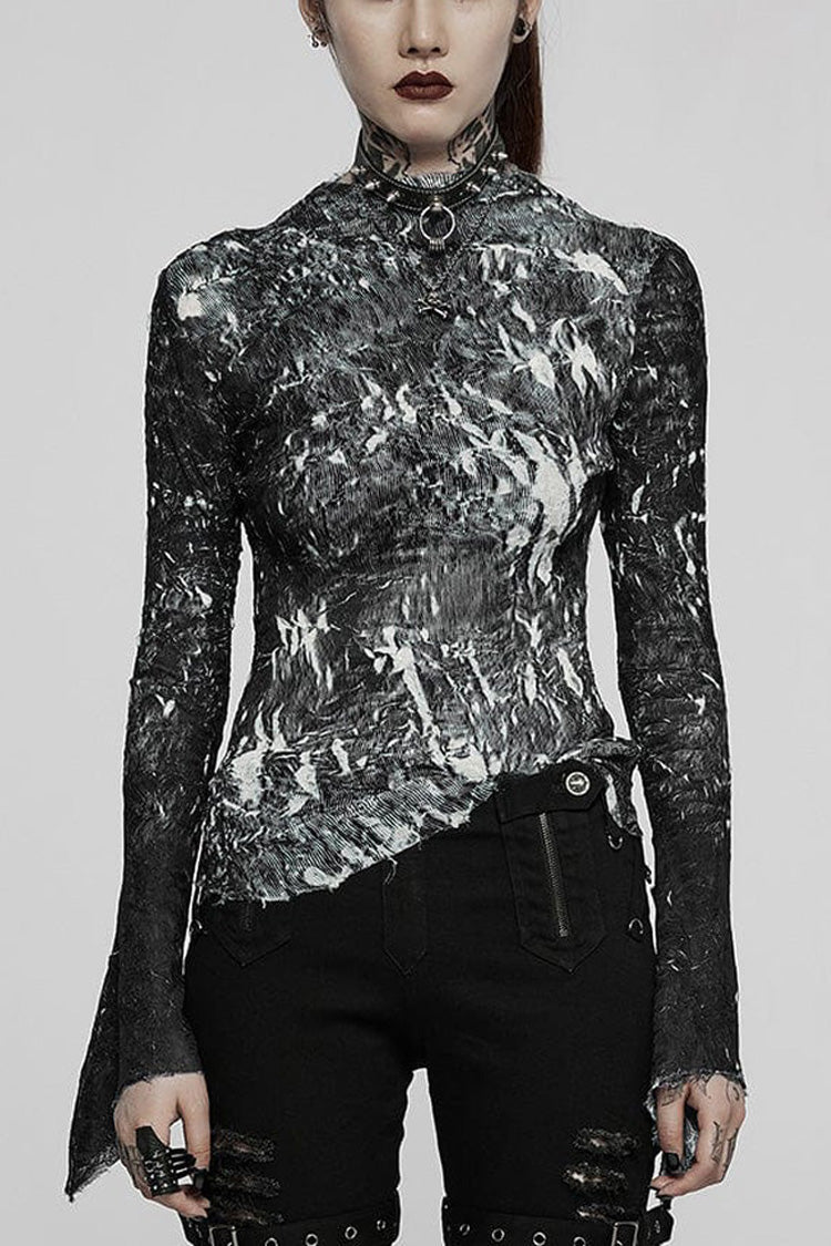 Punk T-Shirt for Her with Pleated Half Turtleneck and Irregular Hem