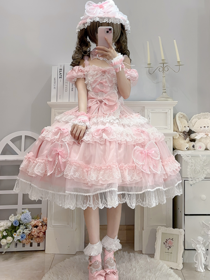 Sweet Pink Bow Accents and Bead Details Princess Lolita Dress with Big Bow at Back
