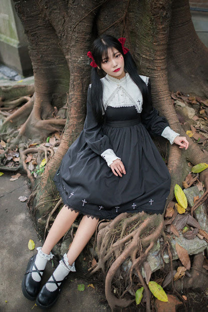 Black Gothic Lolita OP Dress with Cross and Punk High-Waist Style