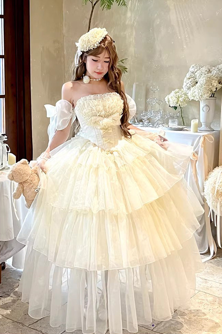 Off White Mousse Love Song Sleeveless Multi Layer Ruffle Hanayome Bow Sweet Lolita Dress