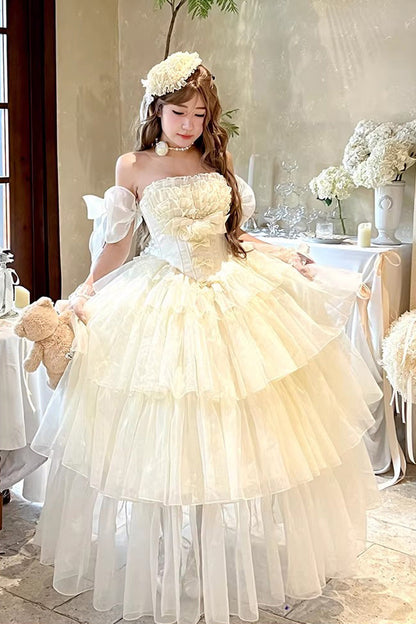 Off White Mousse Love Song Sleeveless Multi Layer Ruffle Hanayome Bow Sweet Lolita Dress
