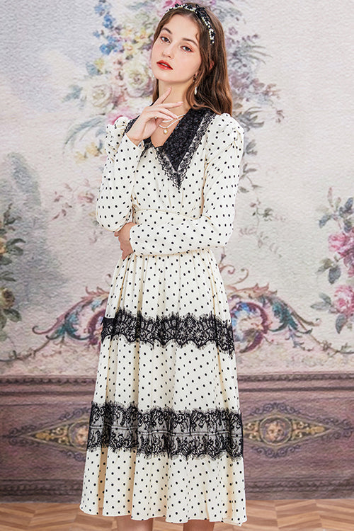 Doll-Collar Vintage Lace Patchwork Polka Dot Print Long-Sleeved High-Waisted Sweet Lolita OP Dress in Beige and Black